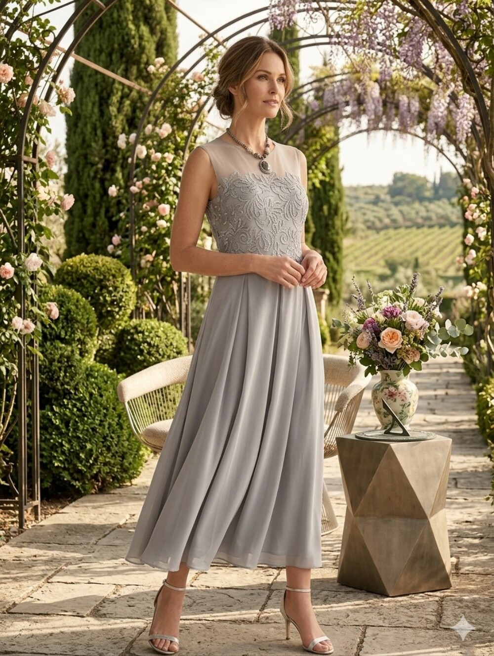 Studio One Silver Lace-Trim Dress